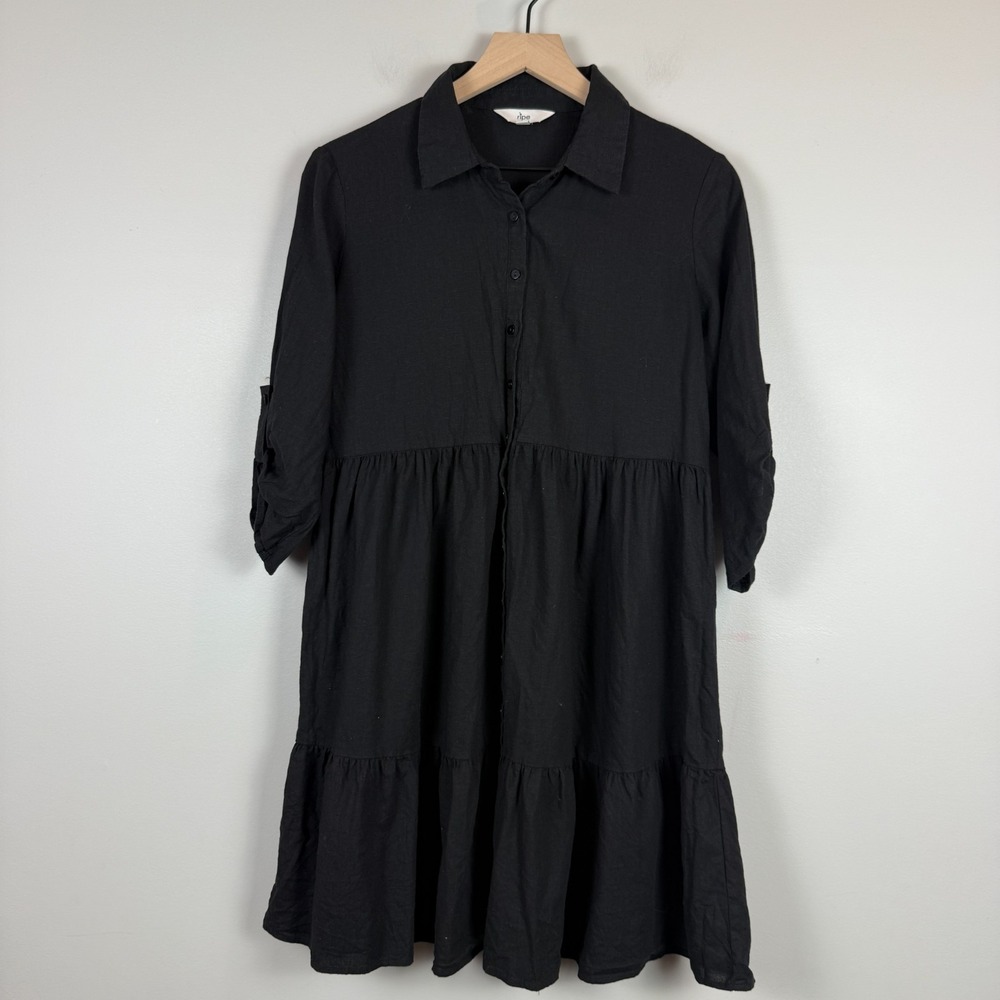 Ripe Maternity Adel Mini Shirt Dress Women S Black Linen Blend Roll-Tab Sleeve